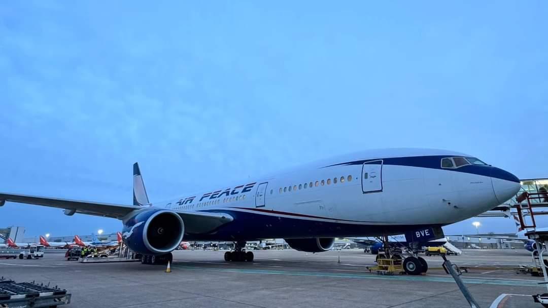 Air Peace's Boeing 777-200 5N-BVE at London Gatwick.