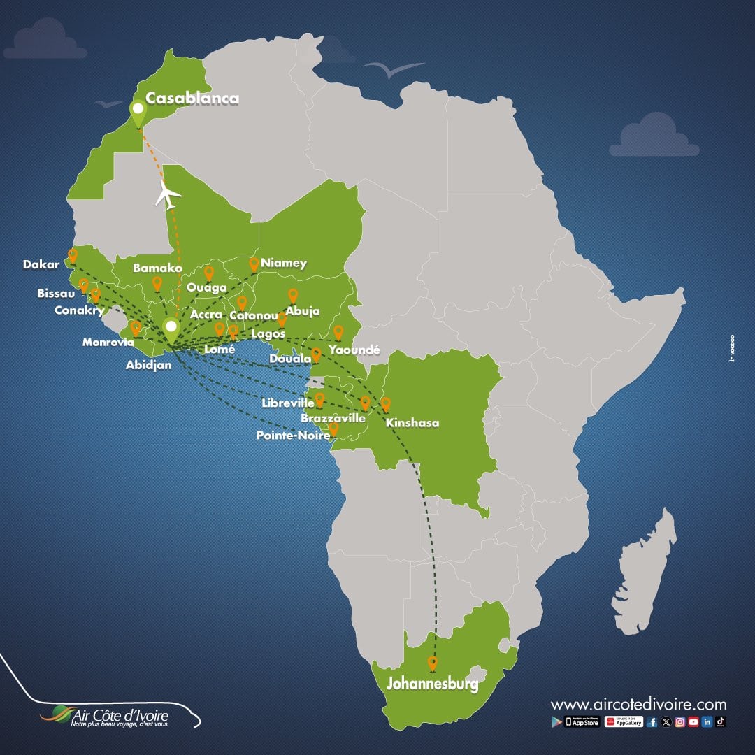 Air Côte d'Ivoire (HF) targets North Africa expansion with potential Abidjan (ABJ) to Casablanca (CMN) flights.