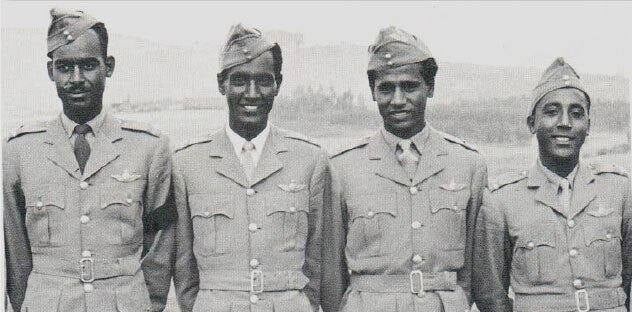 The first four pilots from the Ethiopian Air force to be trained for Ethiopian Airlines. Left to right Girma Bedaine, Assefa Ayele, Alemayehou Abebe and Gadissa Guma.