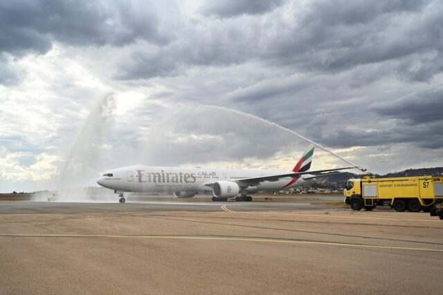 Flight EK 707 was greeted with a water canon salute