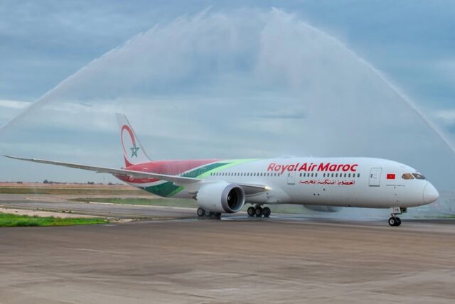 Royal Air Maroc's Boeing 787-9 Dreamliner receiving a traditional water cannon salute upon arrival at Casablanca's Mohammed V Airport