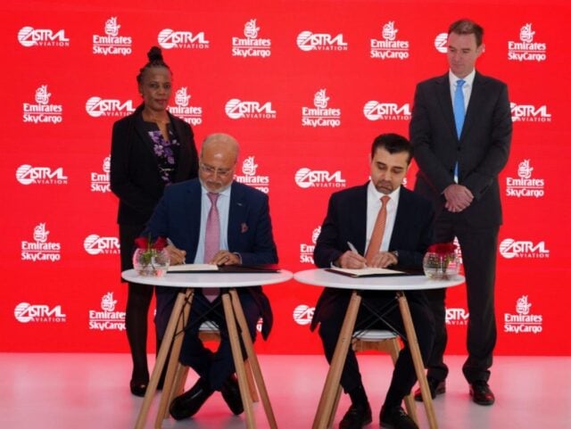 Sanjeev Gadhia, CEO of Astral Aviation Limited and (R) Badr Abbas and Sanjeev, sign MoU to boost Africa’s global trade connectivity during air cargo Africa 2025