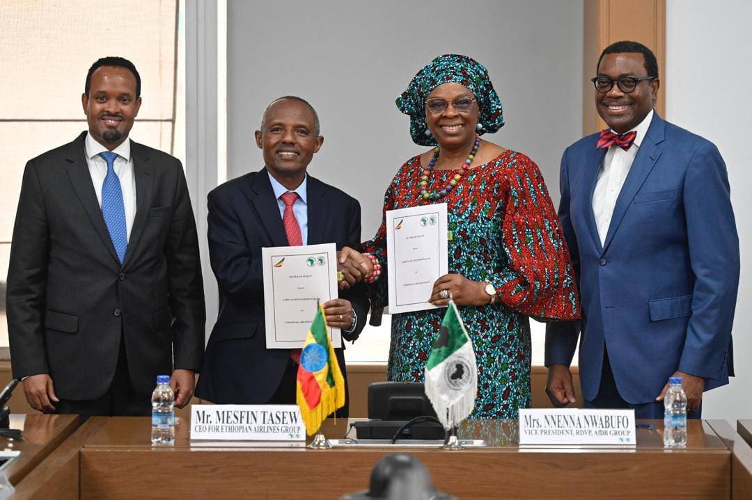 Ethiopian Airline's GCEO Mesfin Tasew and Mrs. Nnenna Nwabufo, AfDB Vice President for Regional Development, Integration, and Strategy at the LoI ceremony for Bishoftu Airport project