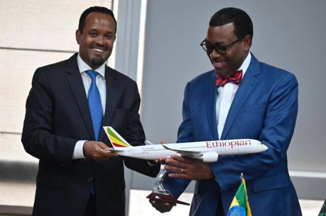 Ethiopia’s Finance Minister Ahmed Shide and AfDB President Akinwumi Adesina at the LoI ceremony for Bishoftu Airport project